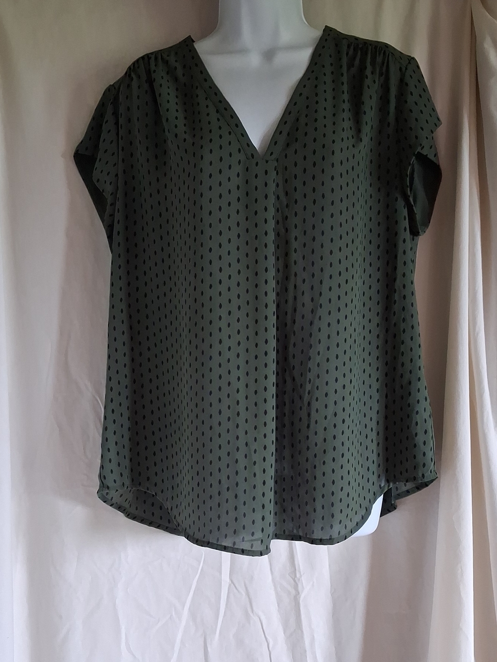 Women's Olive Green V-Neck Polka Dot Blouse